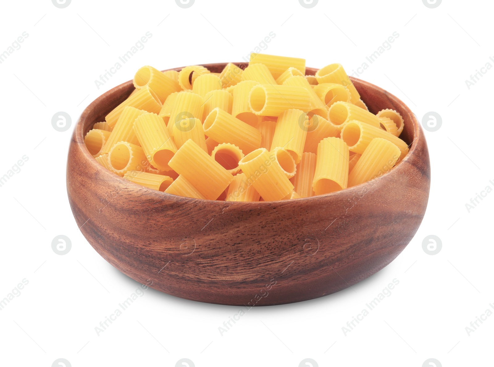 Photo of Raw rigatoni pasta in bowl isolated on white