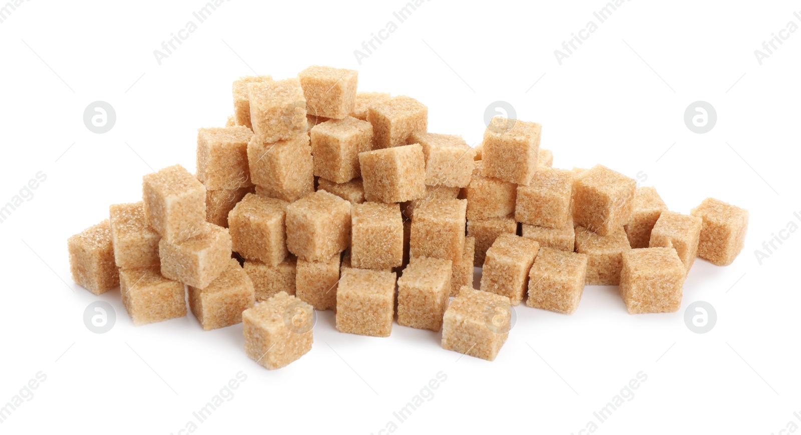 Photo of Pile of cubes with brown sugar on white background