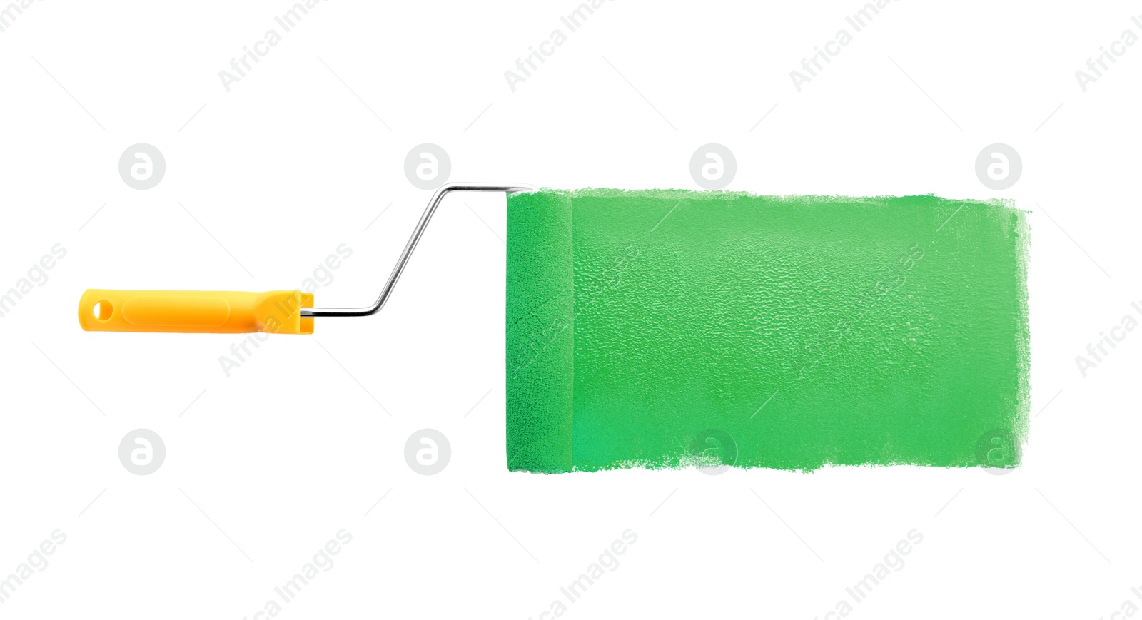 Photo of Roller brush with light blue paint on white background