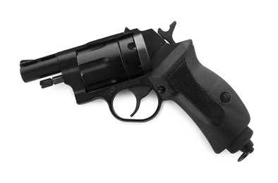 Photo of Black gun isolated on white. Modern weapon