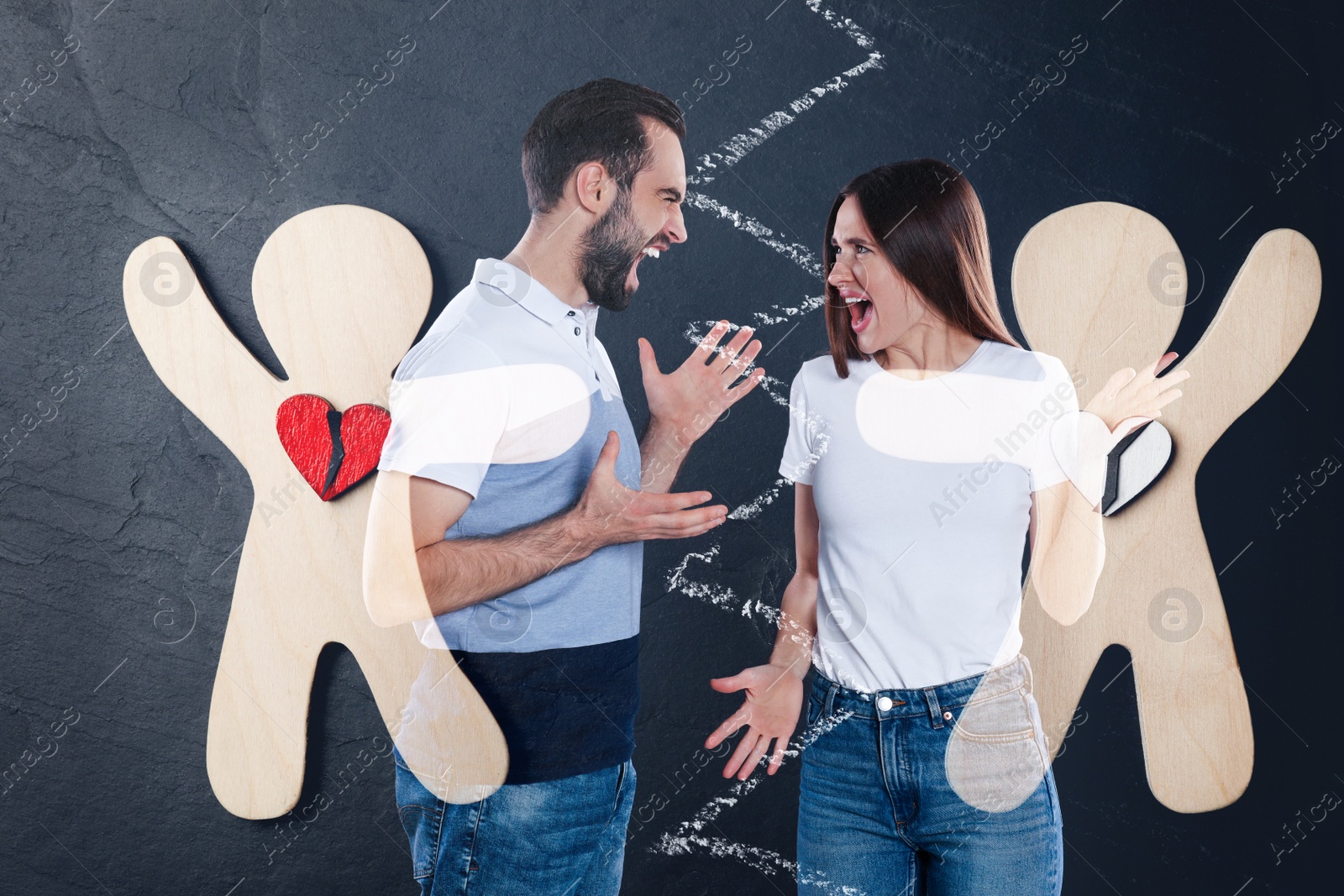 Image of Double exposure of quarreling couple and human figures with broken hearts. Relationship problems