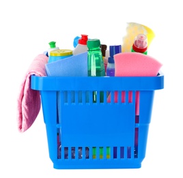 Shopping basket with different detergents and rag on white background