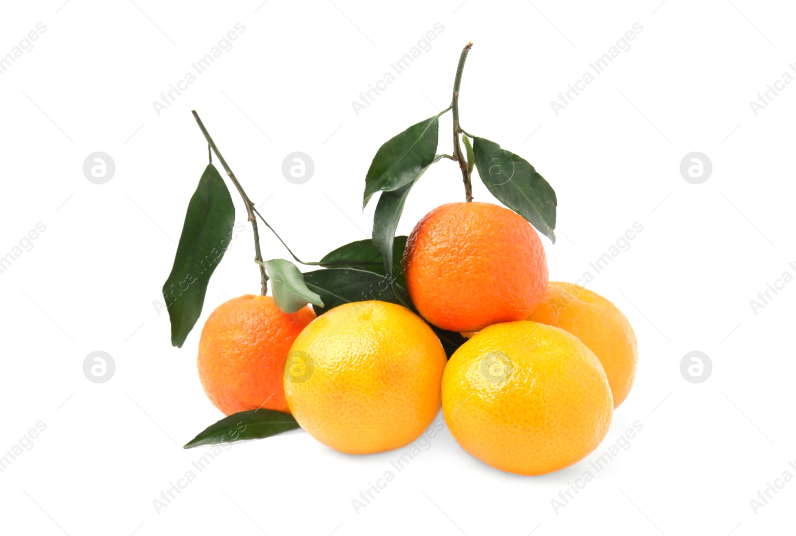 Photo of Fresh ripe juicy tangerines with green leaves isolated on white