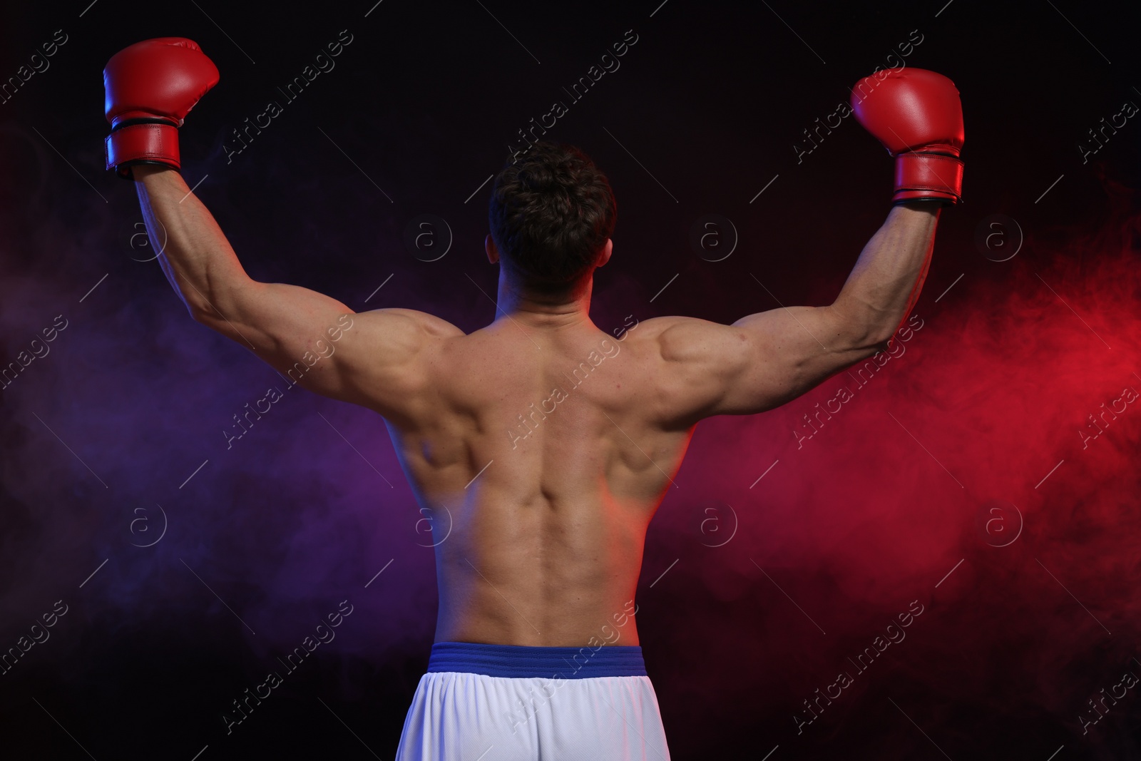 Photo of Man wearing boxing gloves on dark background, back view