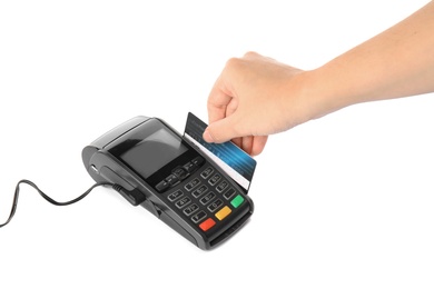 Photo of Woman using modern payment terminal on white background, closeup
