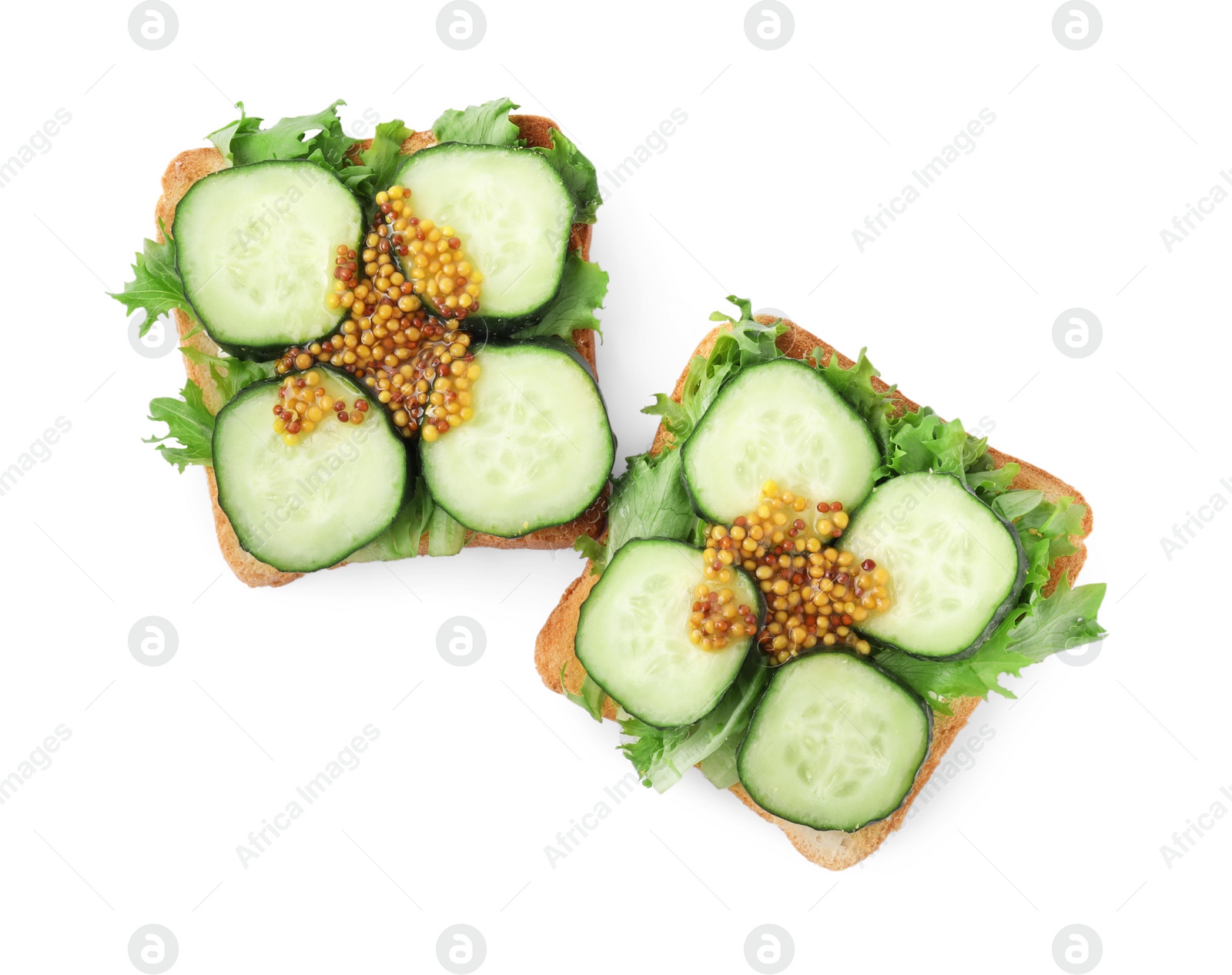 Photo of Tasty cucumber sandwiches with arugula and mustard on white background, top view