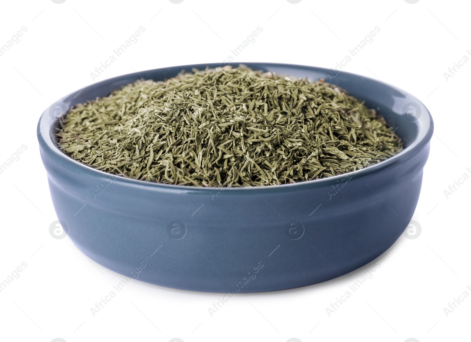 Photo of Bowl with dried thyme isolated on white