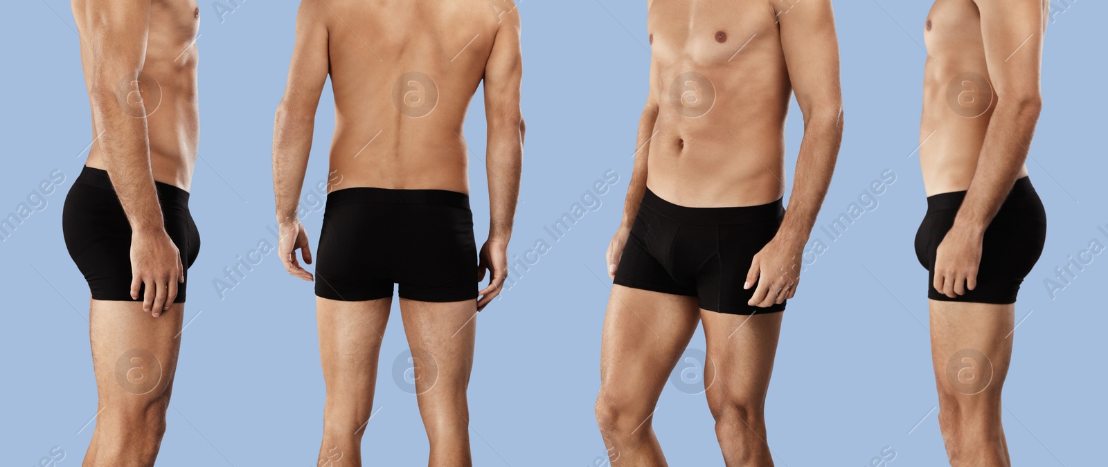 Image of Collage with photos of man wearing underwear on light blue background, closeup. Banner design