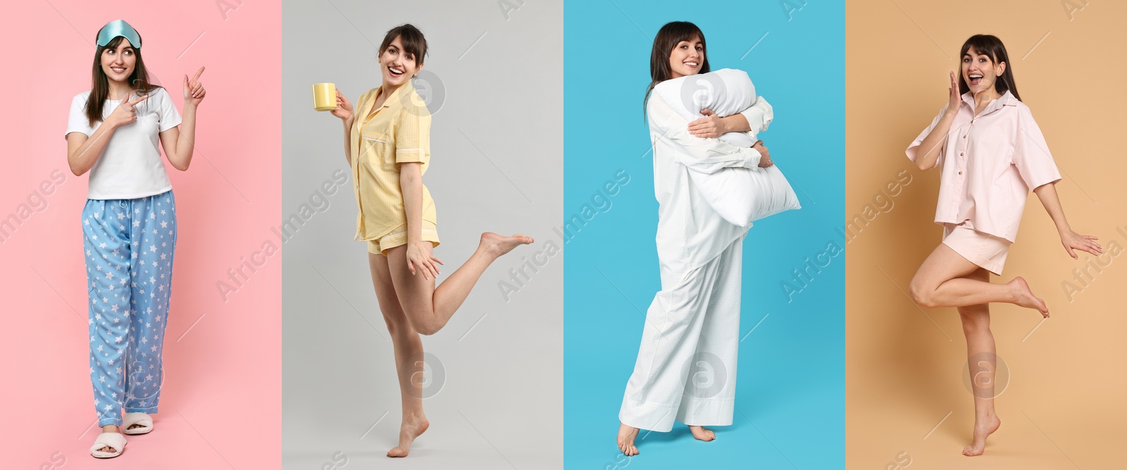 Image of Woman in pajamas on different color backgrounds, collage of photos