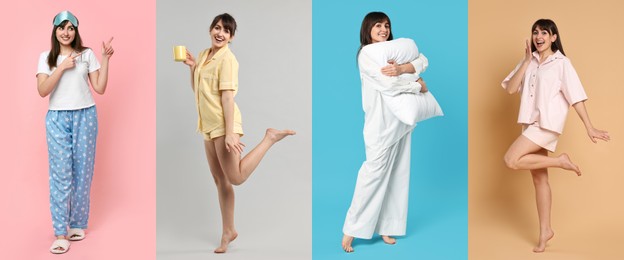 Woman in pajamas on different color backgrounds, collage of photos