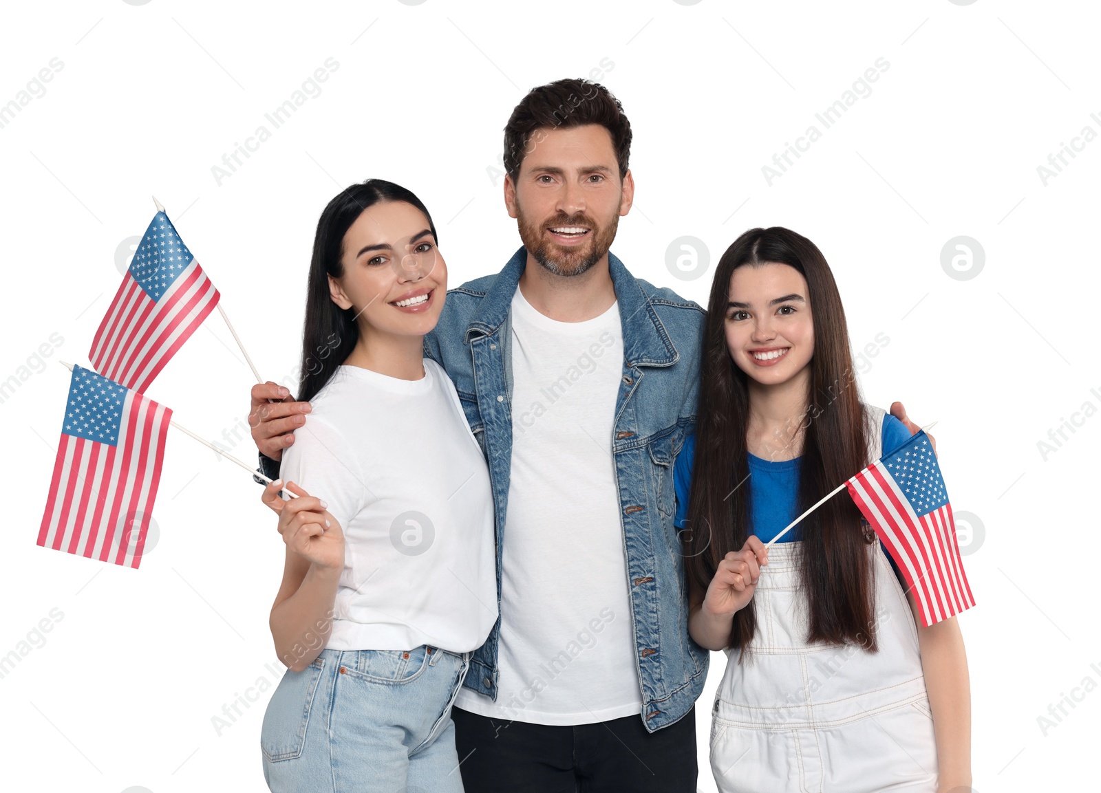 Image of 4th of July - Independence day of America. Happy family with national flags of United States on white background