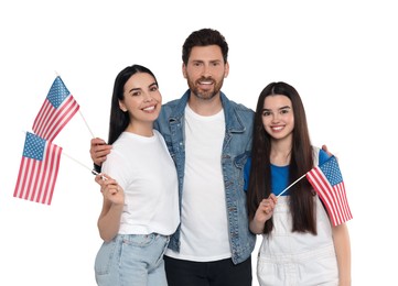 4th of July - Independence day of America. Happy family with national flags of United States on white background