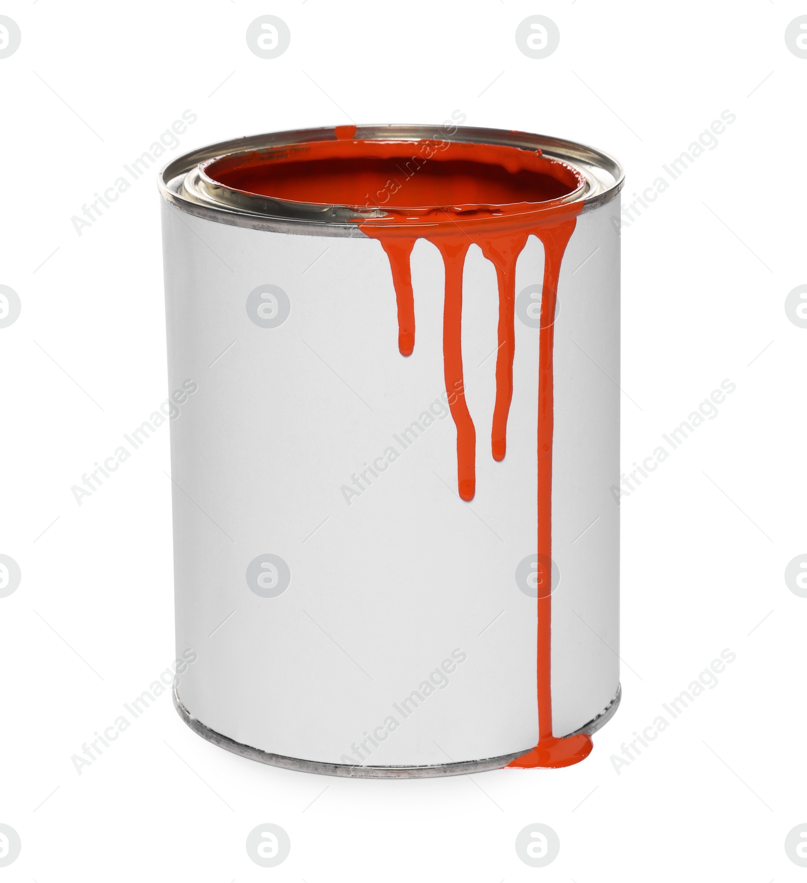 Photo of Can of orange paint on white background