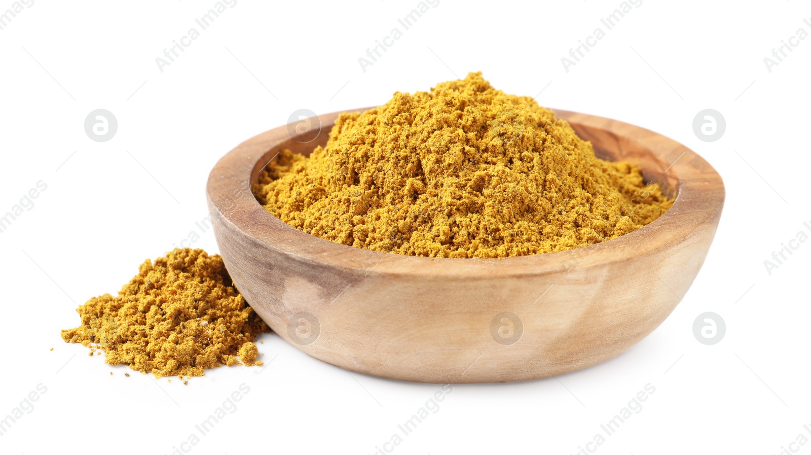 Photo of Dry curry powder in bowl isolated on white