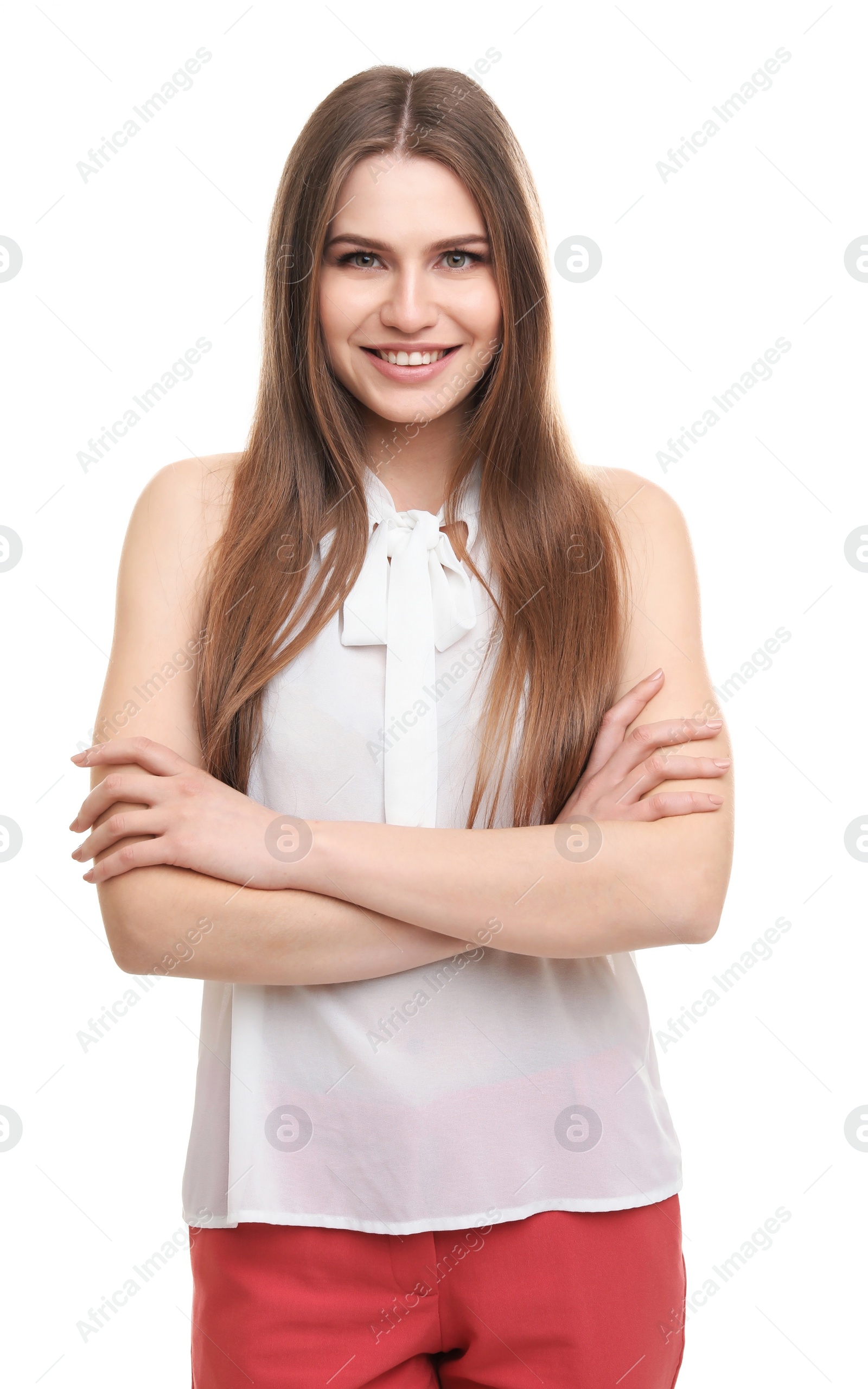 Photo of Beautiful real estate agent on white background