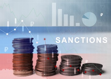 Image of Economic sanctions against Russia because of invasion in Ukraine. Stacked coins on table, illustration of decline graph and Russian flag