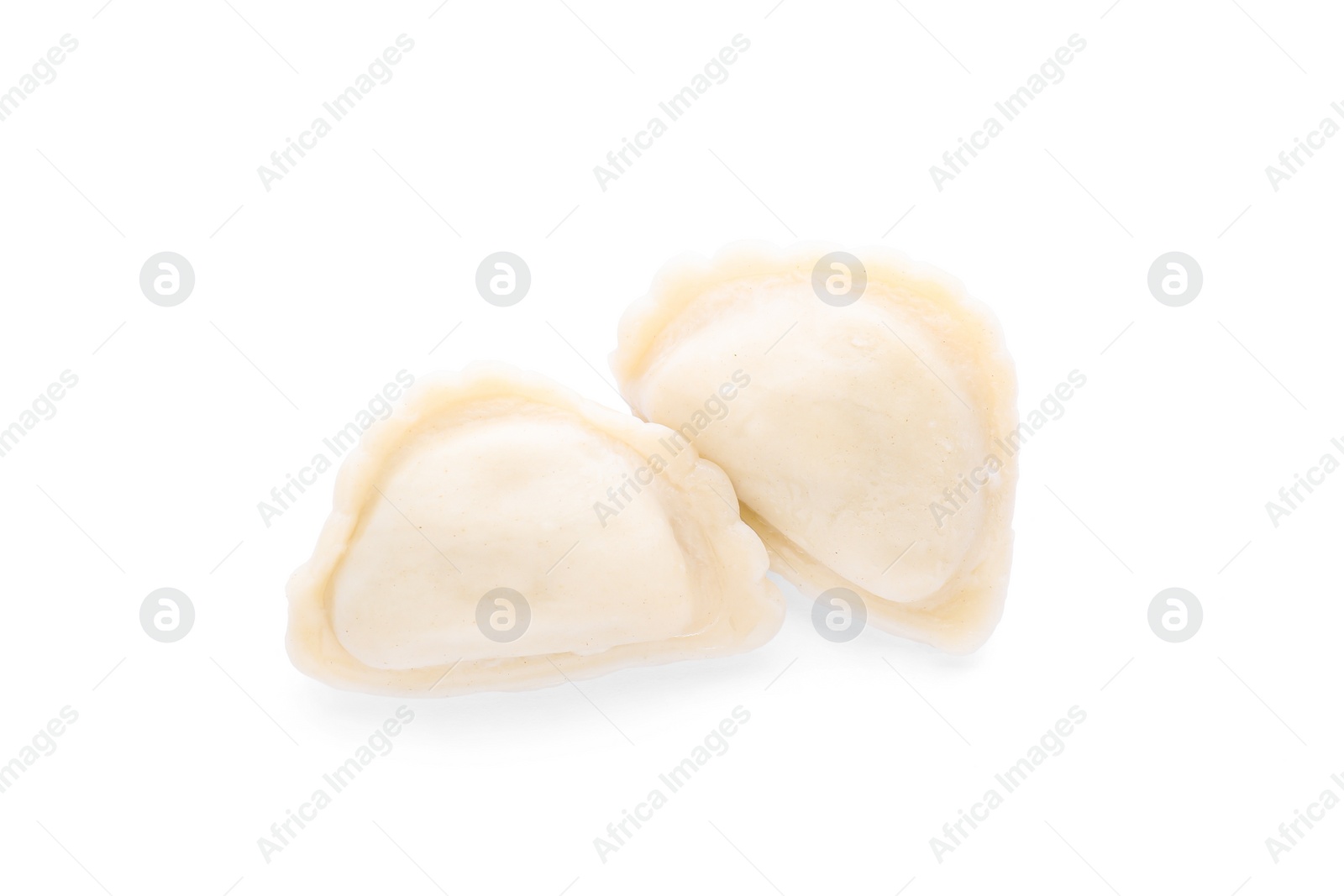 Photo of Delicious dumplings (varenyky) with tasty filling on white background, top view