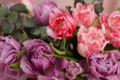 Photo of Beautiful bouquet of colorful tulip flowers as background, closeup