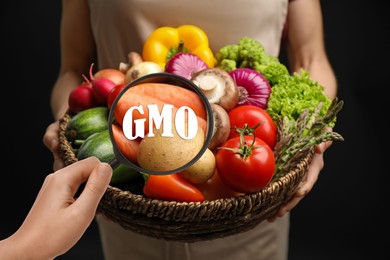 Image of View through magnifying glass on fresh vegetables. GMO concept