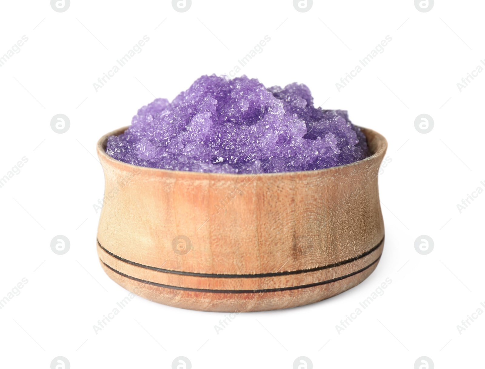 Photo of Wooden bowl of purple body scrub isolated on white