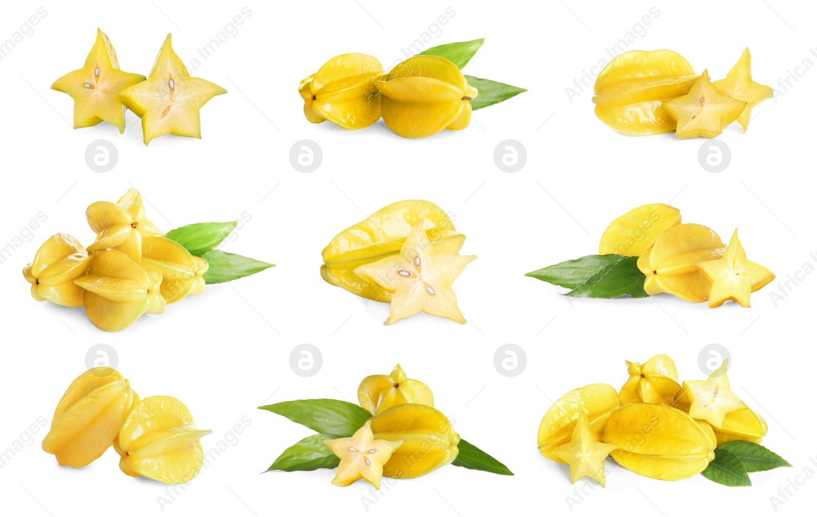 Image of Set with delicious ripe carambola fruits on white background 