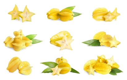 Set with delicious ripe carambola fruits on white background 