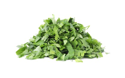 Photo of Heap of chopped parsley leaves isolated on white