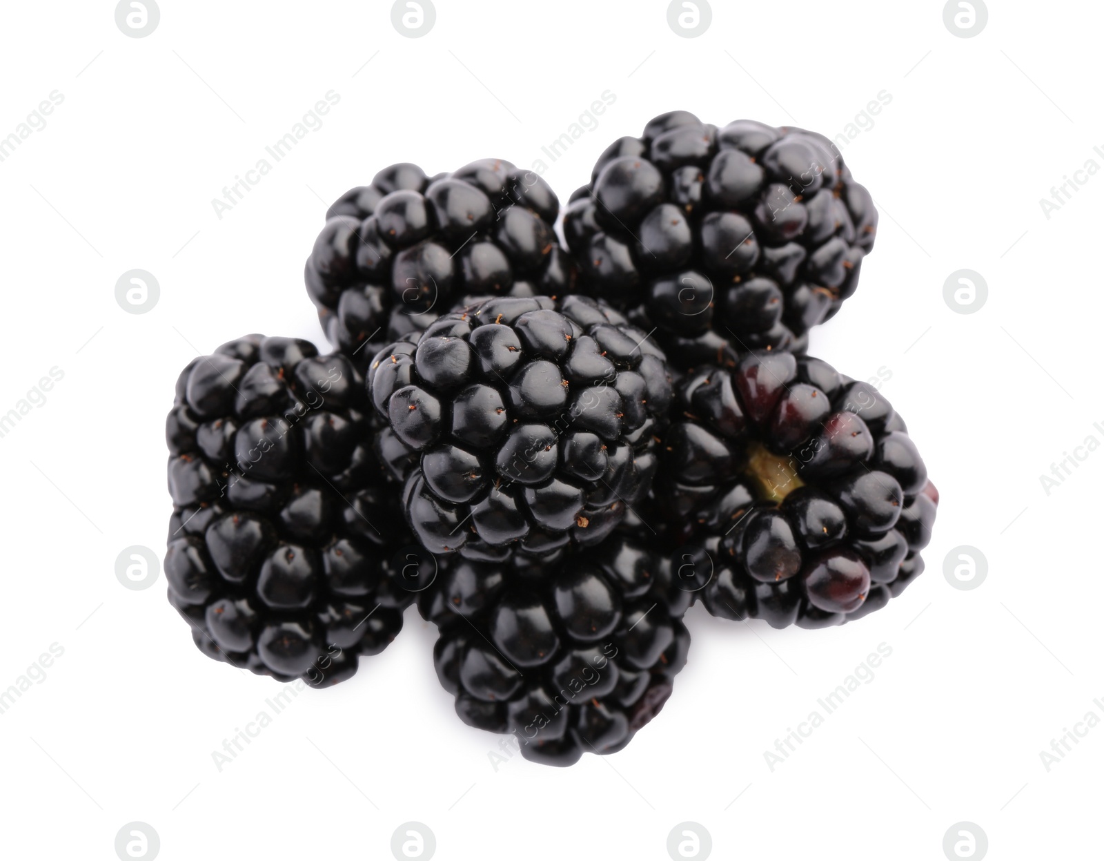 Photo of Tasty ripe blackberries on white background, top view