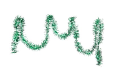 Photo of Shiny green tinsel isolated on white. Christmas decoration