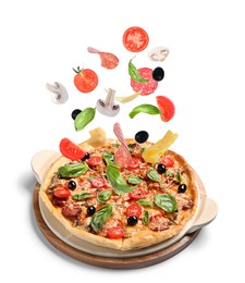 Image of Delicious pizza and flying ingredients on white background