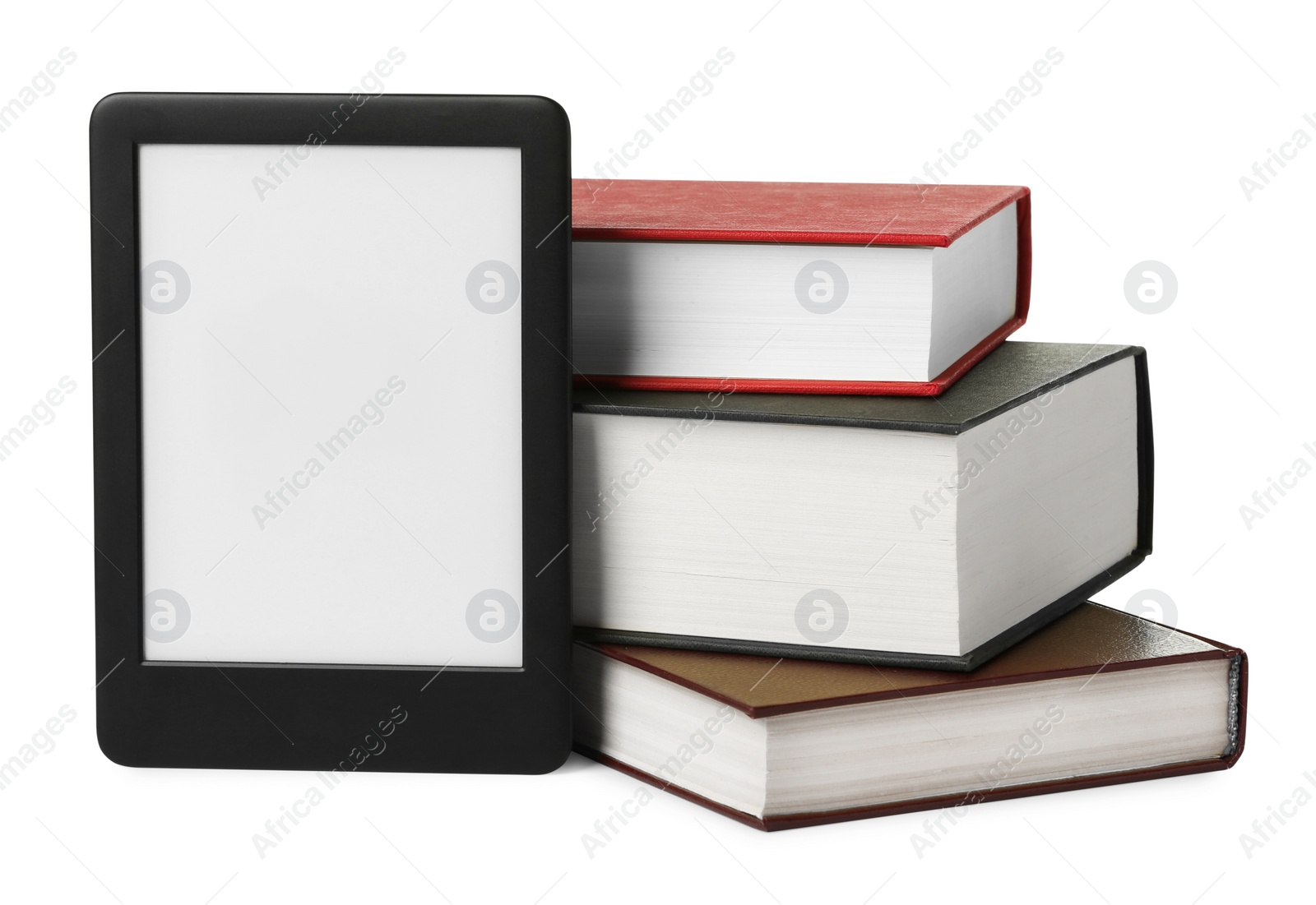 Photo of Modern e-book and stack of hardcover books isolated on white