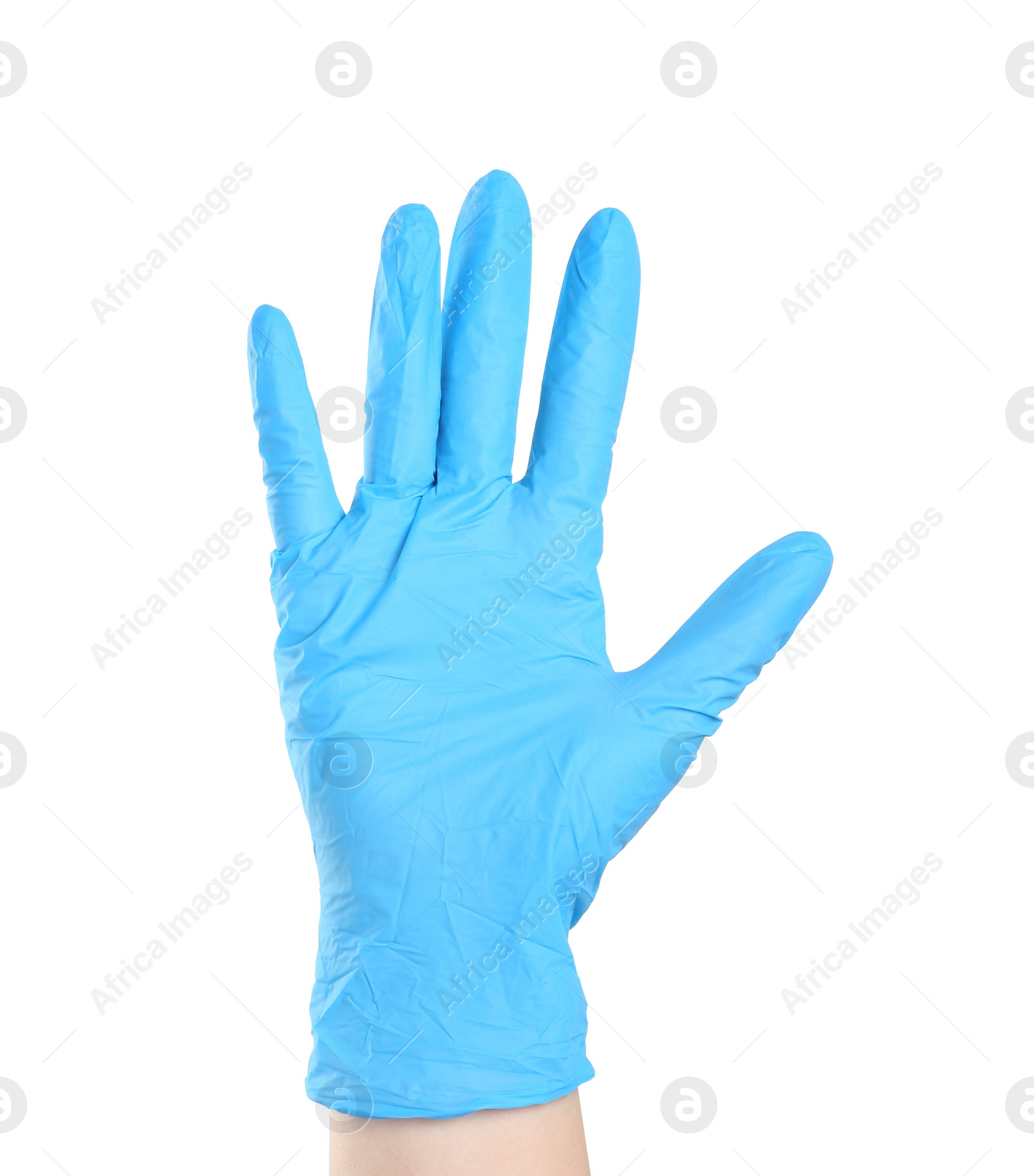 Photo of Woman in blue latex gloves on white background, closeup of hand