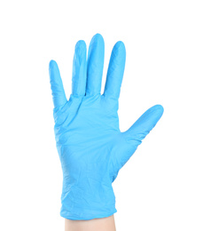 Photo of Woman in blue latex gloves on white background, closeup of hand