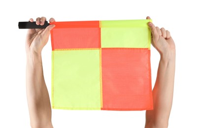 Photo of Referee holding linesman flag on white background, closeup