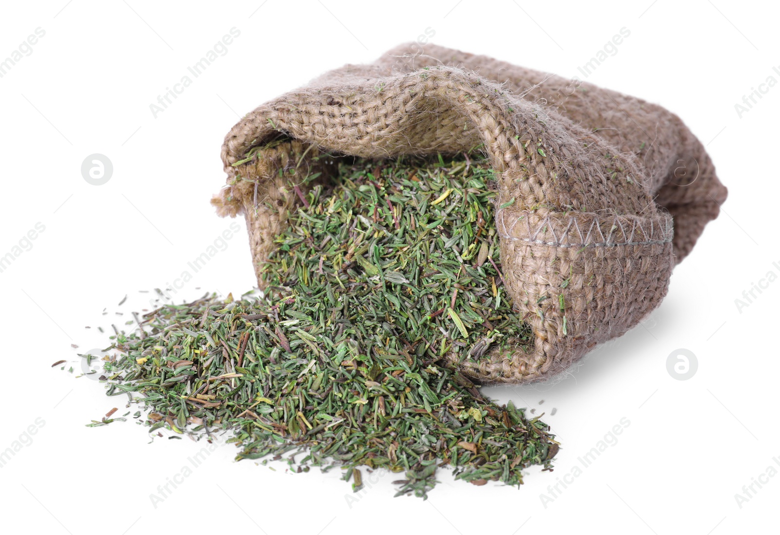 Photo of Sack of dried thyme isolated on white