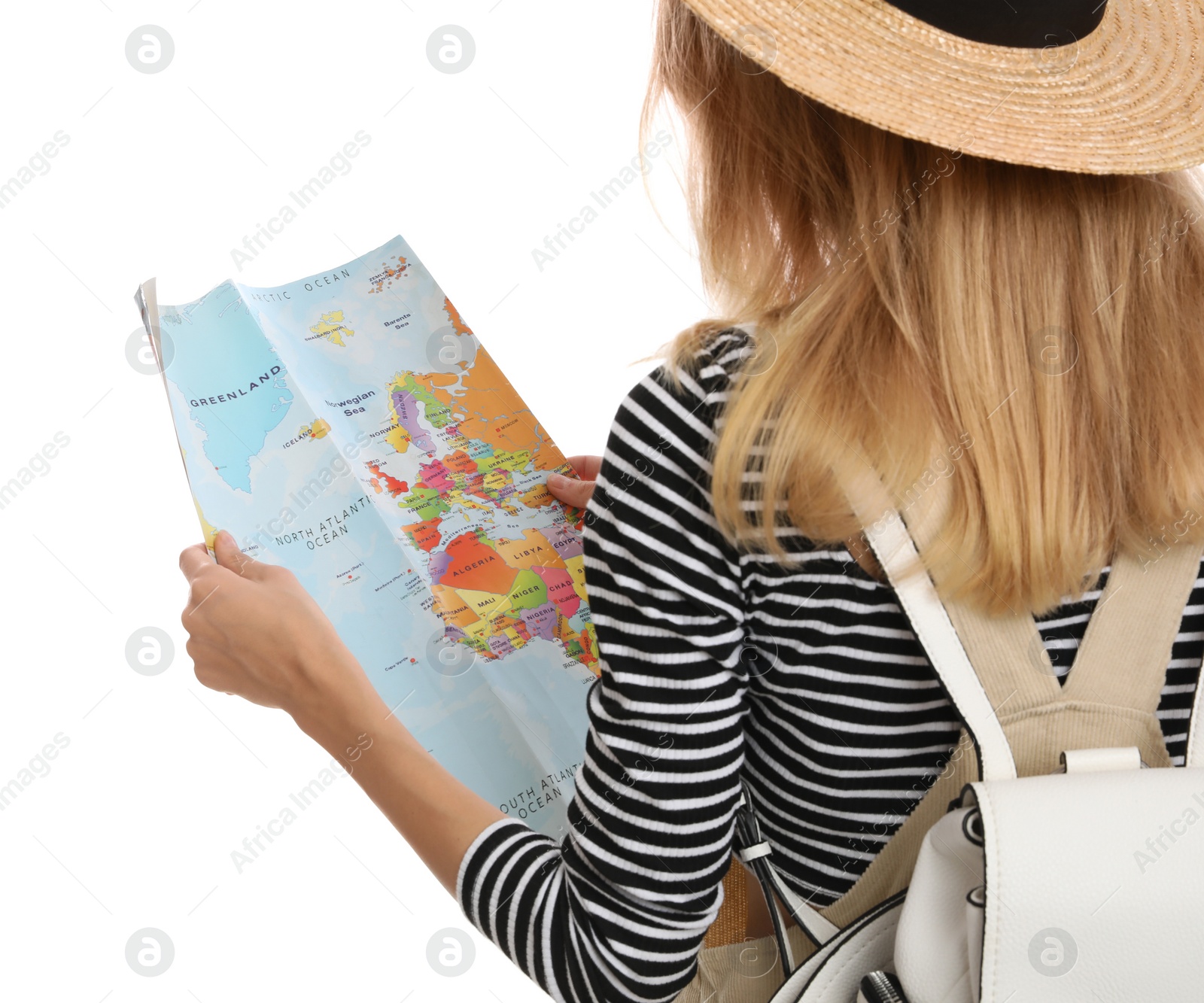 Photo of Woman with map on white background. Summer travel, closeup