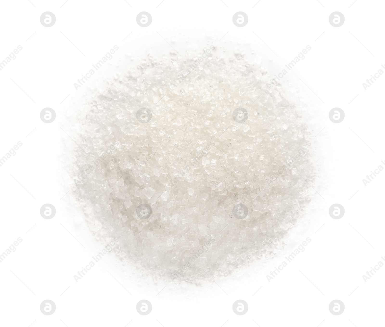 Photo of Pile of granulated sugar isolated on white, top view