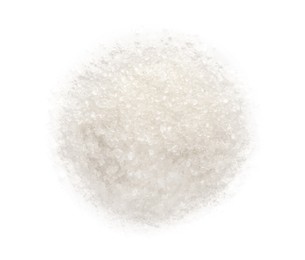 Pile of granulated sugar isolated on white, top view