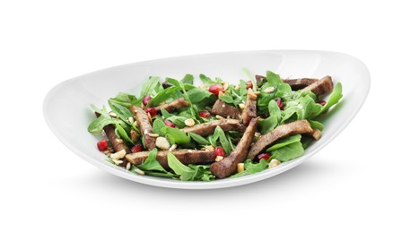 Delicious salad with beef tongue, arugula and seeds isolated on white