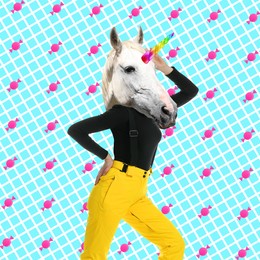 Modern art collage. Woman with unicorn's head on color background