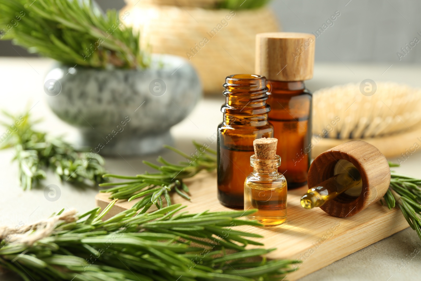 Photo of Essential oils in bottles and rosemary on light gray table, closeup