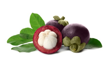 Fresh mangosteen fruits with green leaves on white background