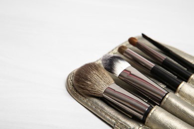 Photo of Set of professional makeup brushes on light background. Space for text