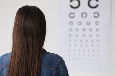 Photo of Eyesight examination. Young woman looking at vision test chart indoors, back view