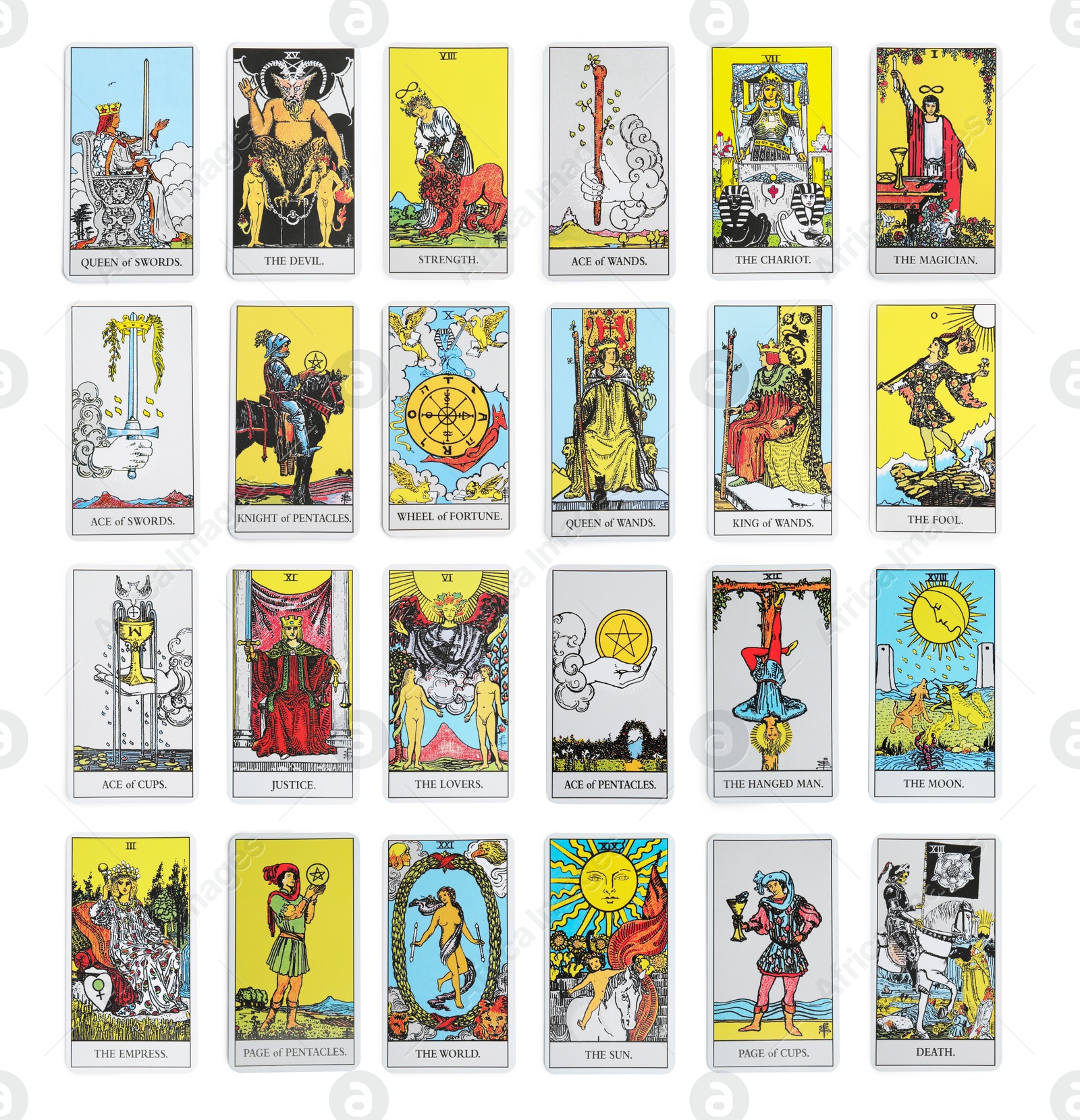 Image of Set with different tarot cards on white background