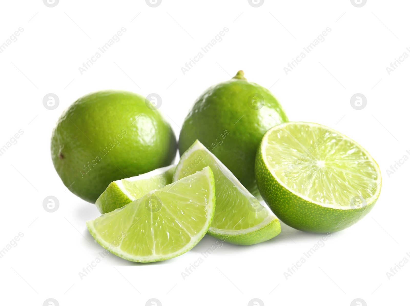 Photo of Fresh ripe green limes on white background