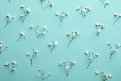 Photo of Beautiful gypsophila flowers on turquoise background, flat lay