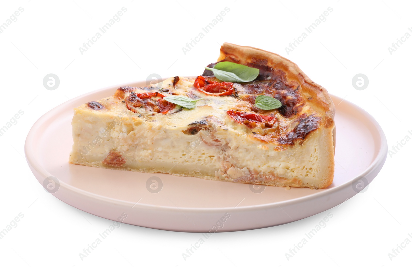 Photo of Piece of delicious homemade quiche with prosciutto isolated on white