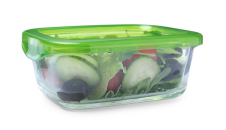 Photo of Tasty vegetable salad in glass container isolated on white