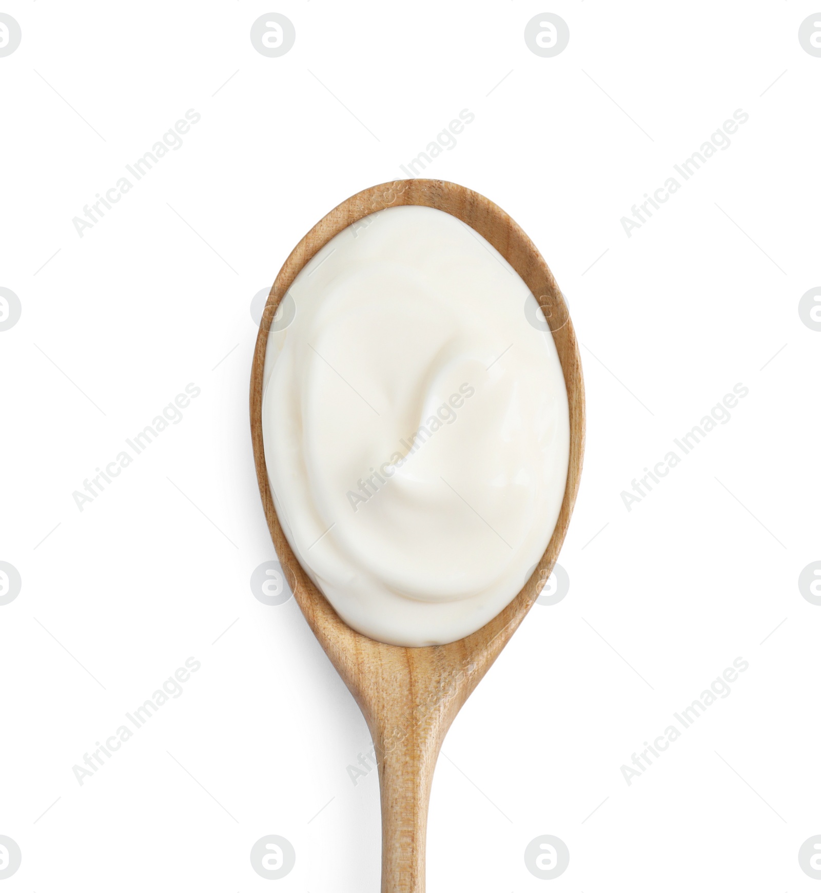 Photo of One wooden spoon with mayonnaise isolated on white, top view
